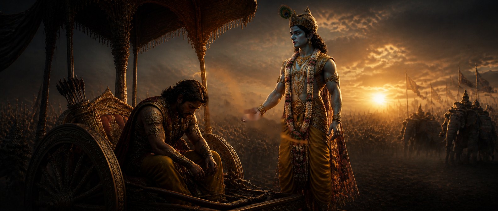 On the darkened field of Kurukshetra, Arjuna sinks down on his chariot with his head in his hands while Krishna, the blue charioteer, stands beside him and turns to him with an open hand.
