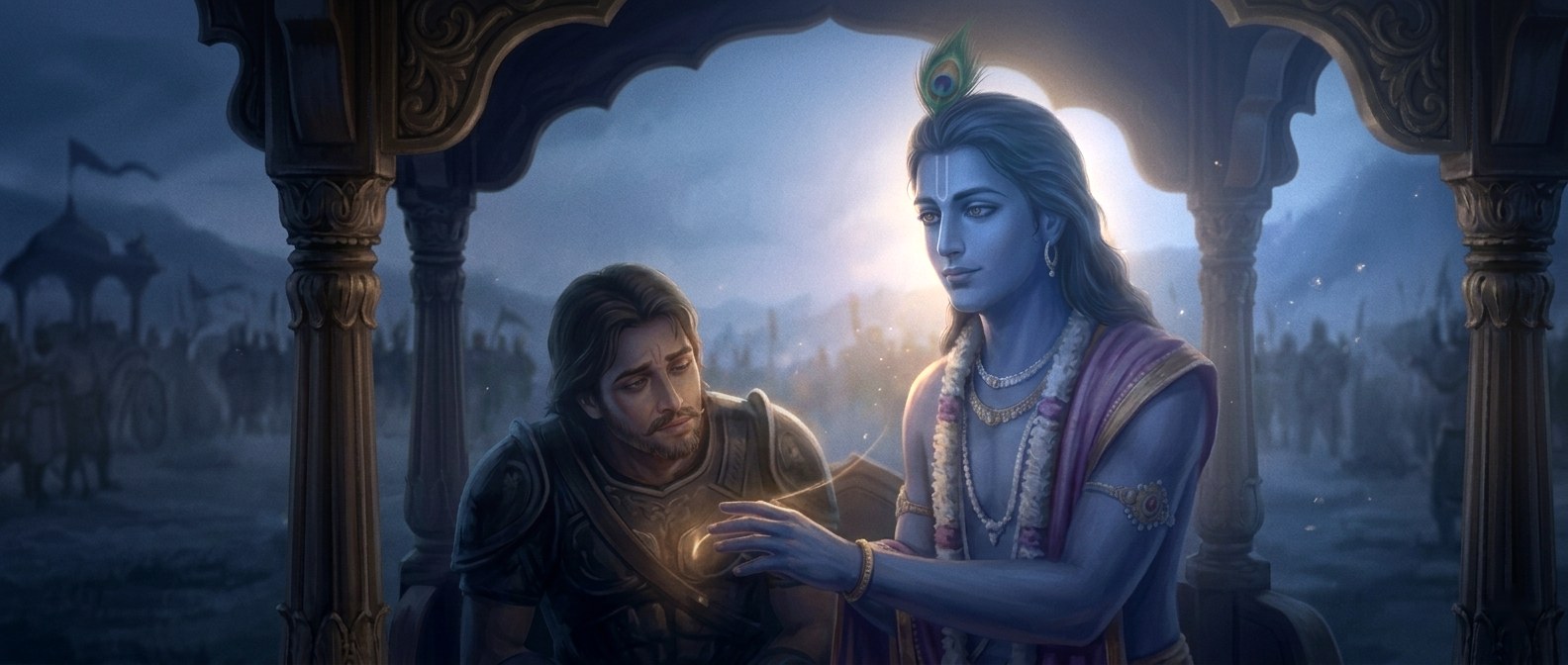 On the darkened field of Kurukshetra, Krishna leans close to Arjuna and lays a hand near his heart, a thread of light at the chest, while the waiting army blurs into the haze behind them.