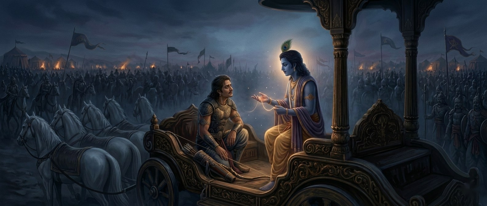 Twilight on the field of Kurukshetra. Krishna, the blue charioteer with a peacock feather at his brow, leans toward Arjuna and speaks, a soft light gathering between them while the two armies wait in the haze.