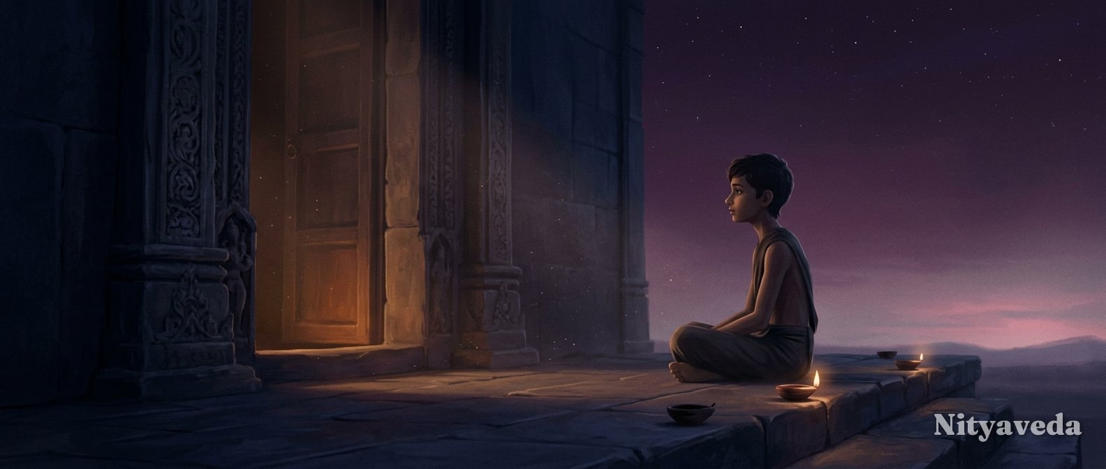 A boy sits cross-legged and calm on the stone step outside the vast carved doorway of Yama's palace at dusk, an amber glow from within, small oil lamps beside him under a plum and rose night sky.