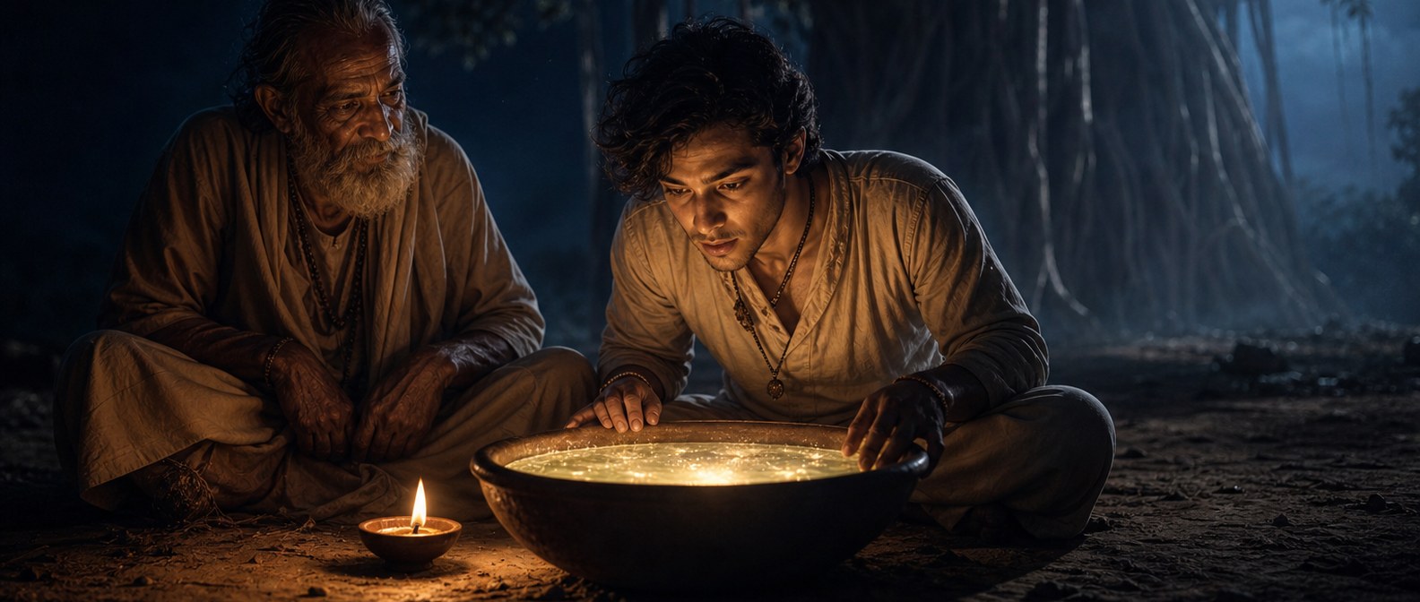 An old father and his grown son sit beside a clay bowl of water that glows softly from within, beneath a great banyan tree at night, a single oil lamp beside them.