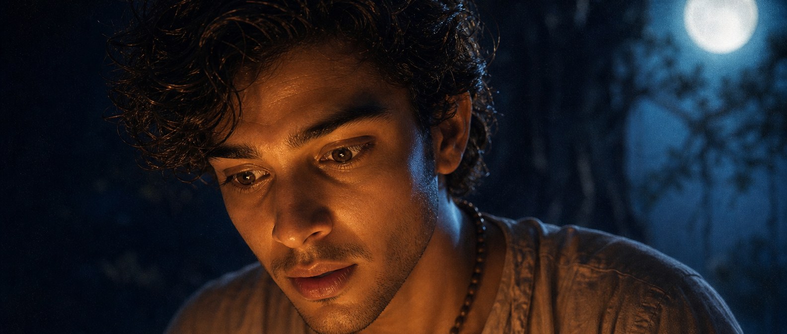 A close view of the young man's face, lit warmly from below by the glowing water, the moment of understanding breaking across it.